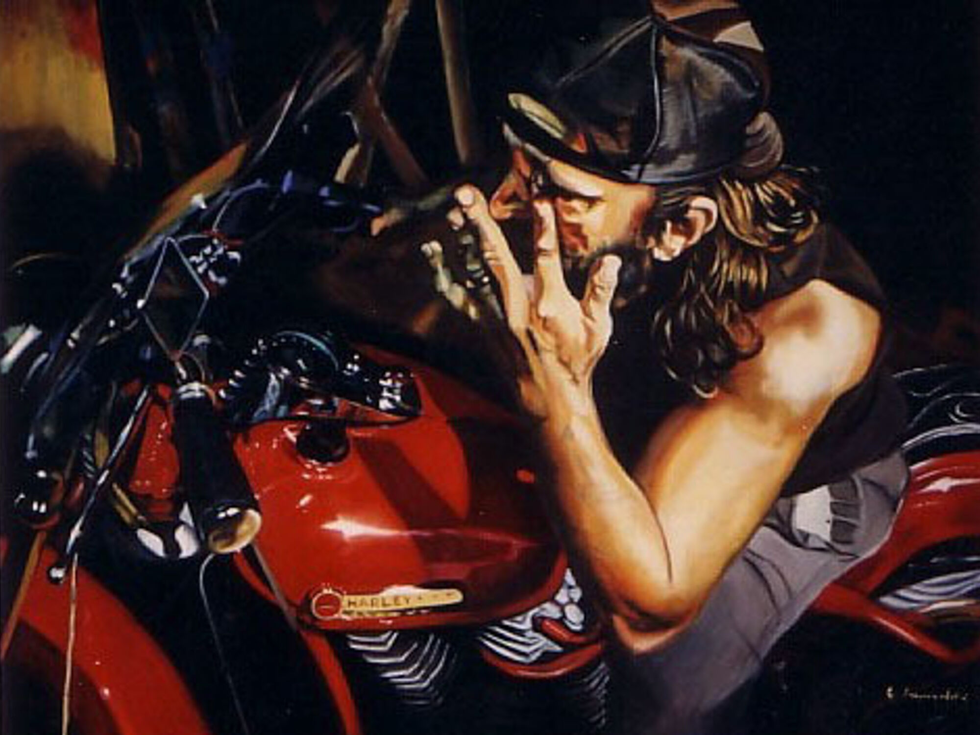 oil painting of a man on a red motorcycle by artist Elli Milan