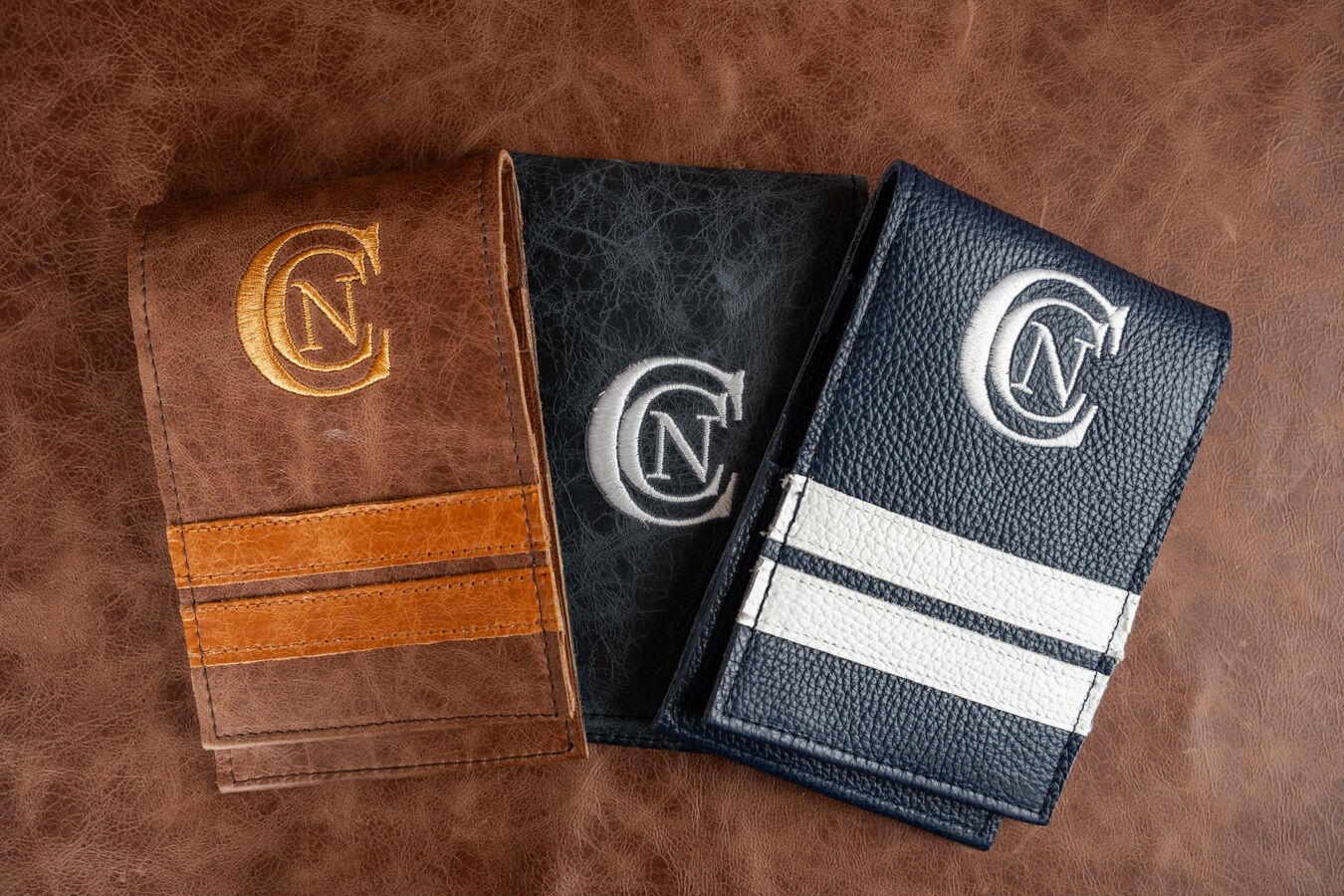 Detail of iliac leather yardage book covers