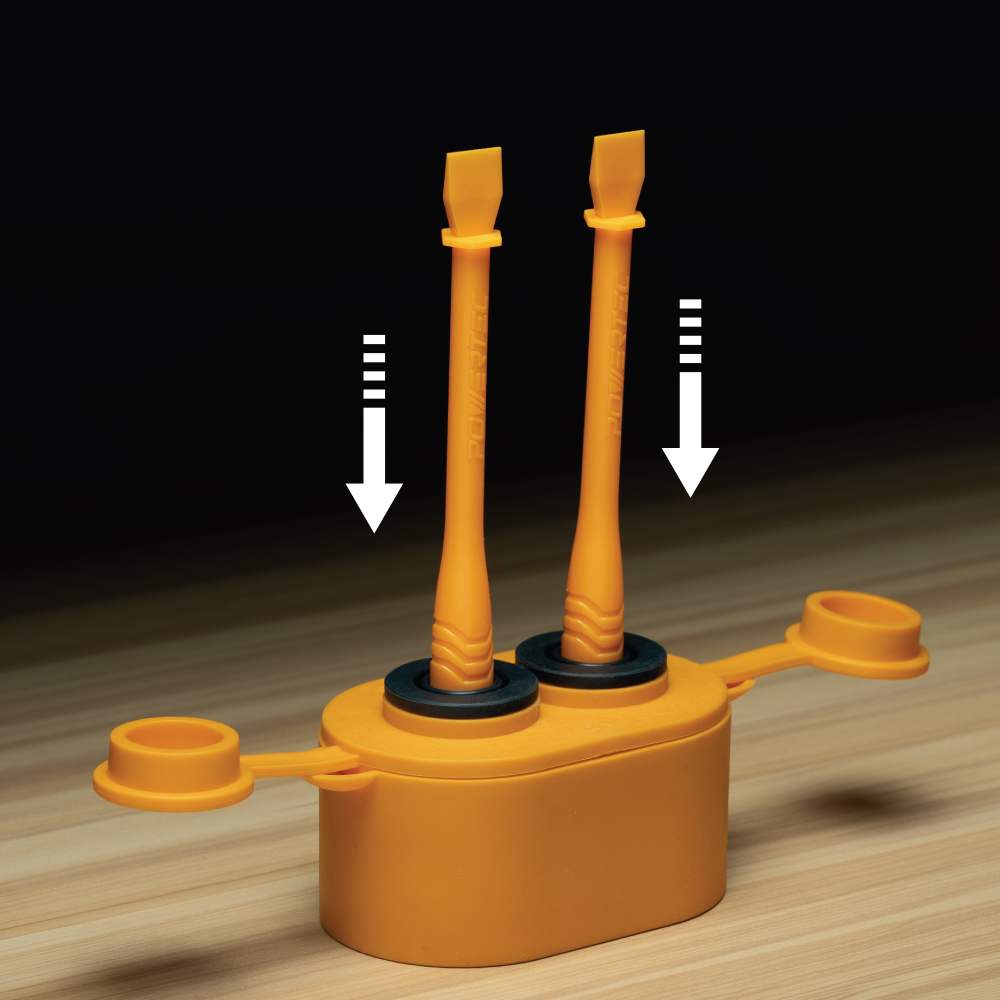 Silicone glue brush docked inside the POWERTEC sealable glue keeper for drip-free storage