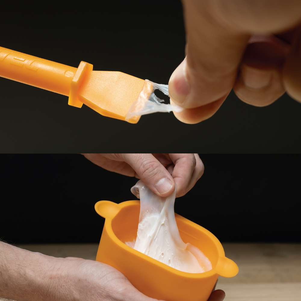 Dried wood glue peeling off the flexible silicone applicator for fast cleanup