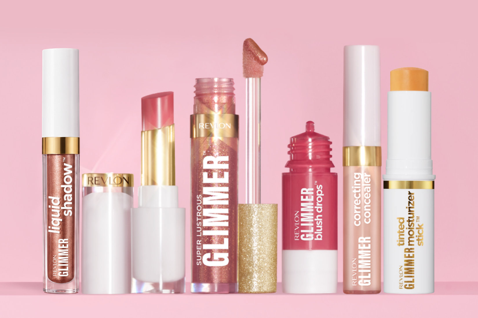 The Revlon Glimmer Collection: blush drops, lip gloss, liquid shadow, concealers and tinted moisturizer stick