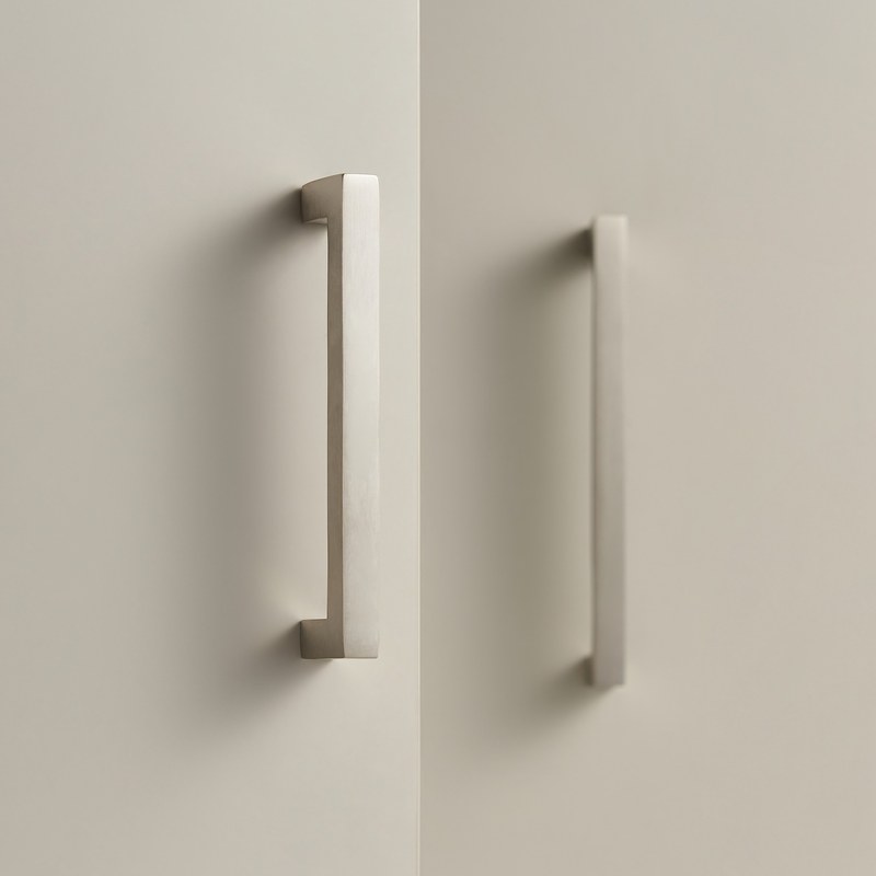 FYRA bar handles in satin nickel fitted to cabinet doors