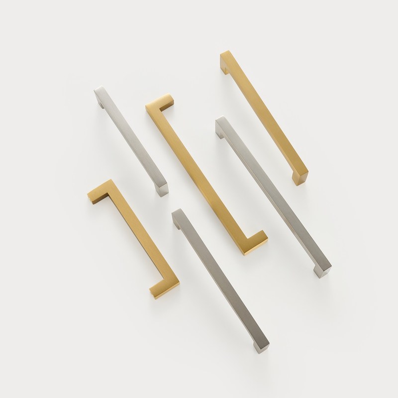FYRA bar handles in three lengths, satin brass and satin nickel