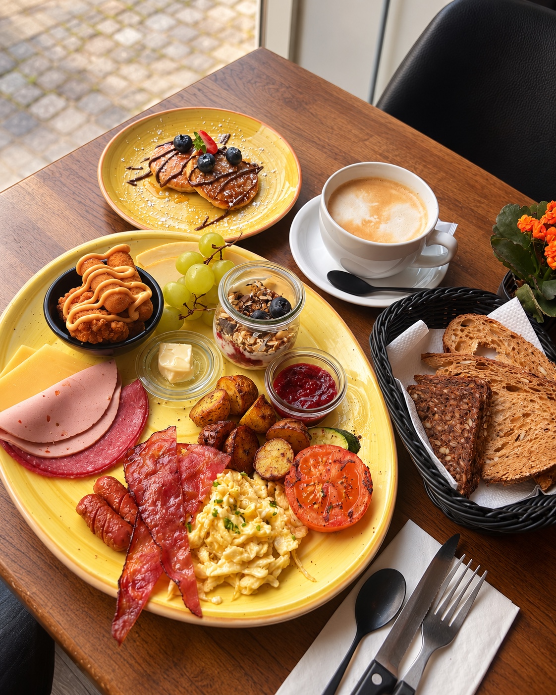 Esmeraldas brunchtallerken med pandekager, kaffe og brød