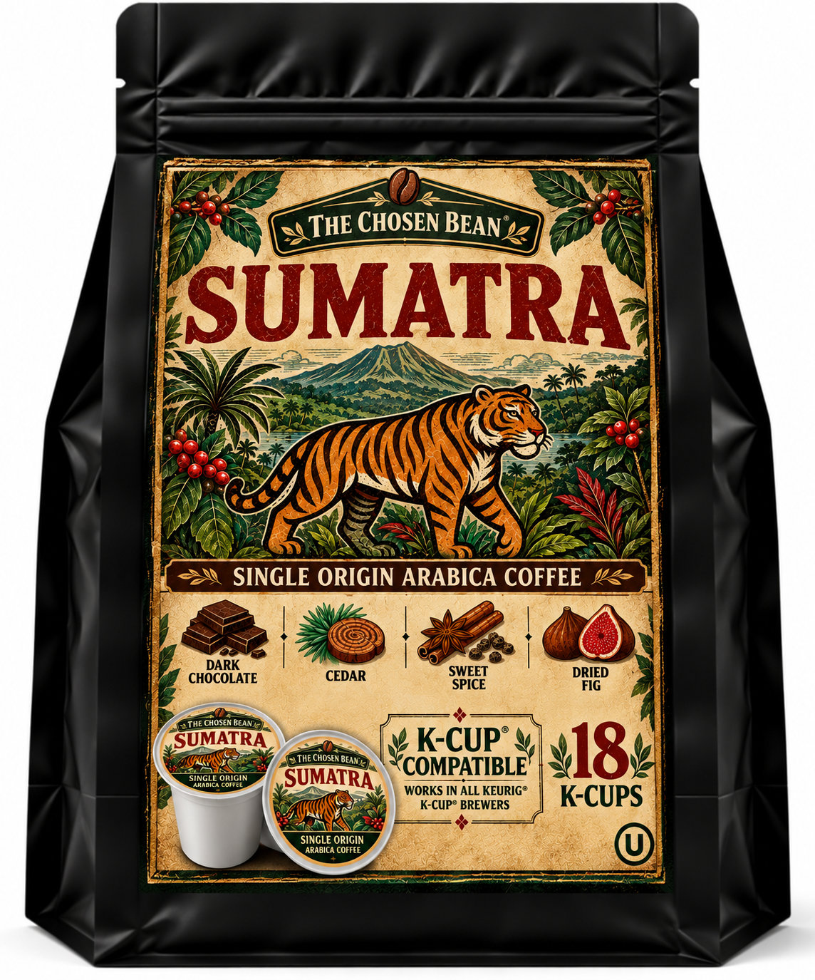 Sumatra 18-count K-Cup compatible coffee in a matte black bag with tiger artwork