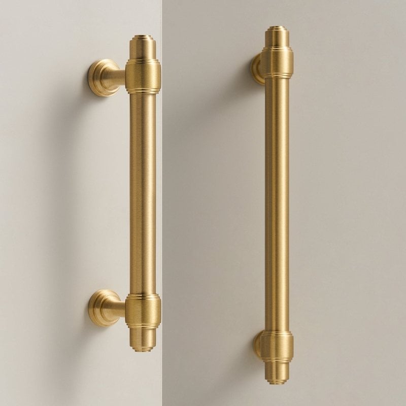 Long solid brass handles fitted to tall pale doors