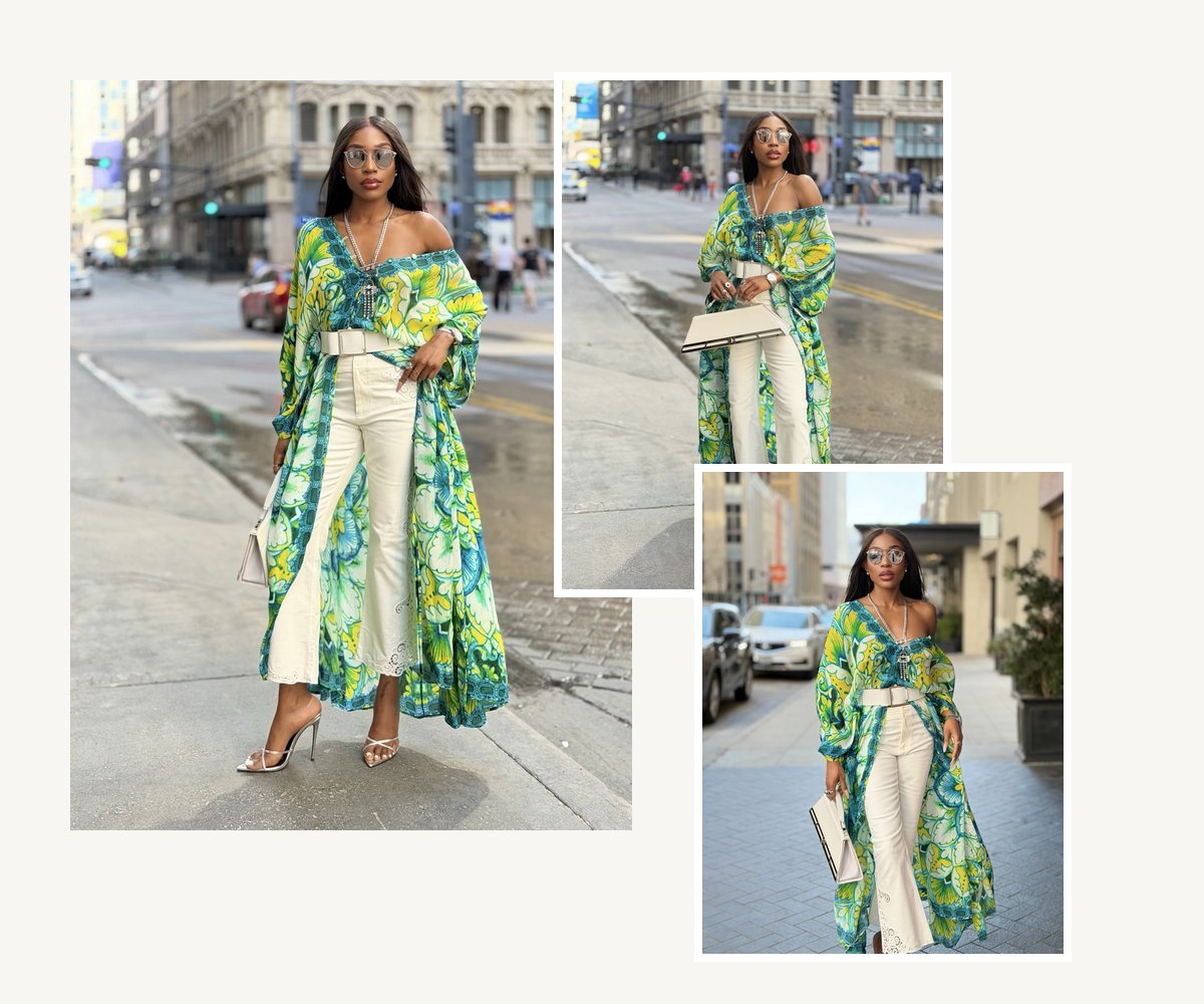 Goddess kaftan belted and tucked in as a top