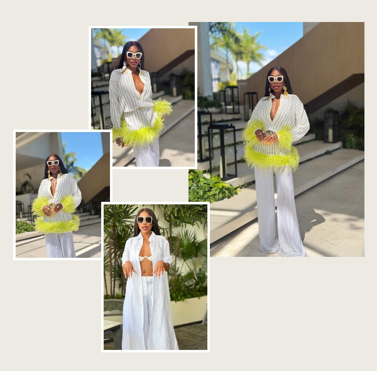 Isela with white Hera Pants, and a white shirt dress open over Hera Pants